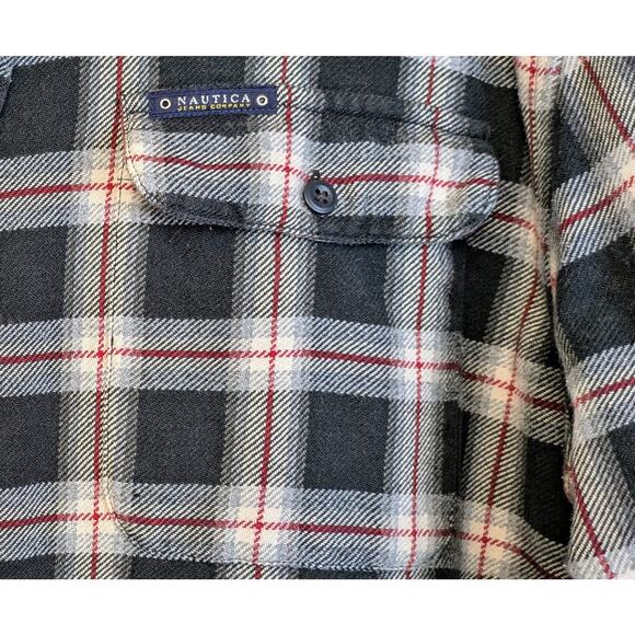 Nautica Mens Flannel Shirt Medium Black Gray Check Heavyweight Cotton Gorpcore - Picture 5 of 11